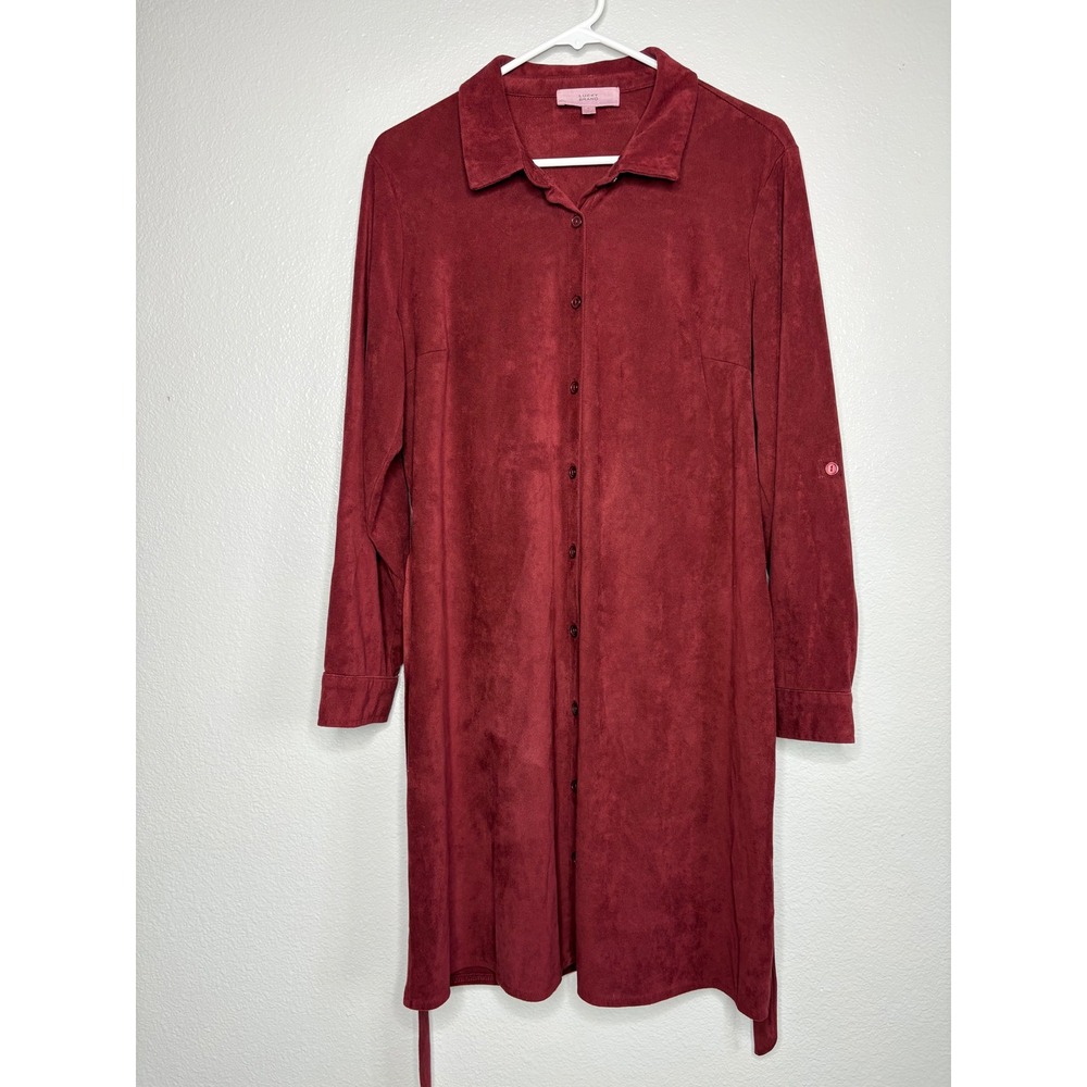 Lucky Brand Shirt Dress Size Large Burgundy Faux Suede Button Front Tie Mini